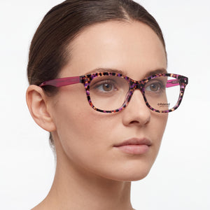 Polaroid Pld D 321 Oval Eyeglasses Women — side view, Havana Fuchsia Plastic temples