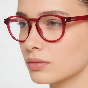 Polaroid Pld D452 Round Eyeglasses Unisex — side view, Red Injected temples