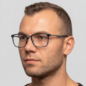 Police VPL-684 Rectangle Eyeglasses Unisex — side view, Blue metal temples