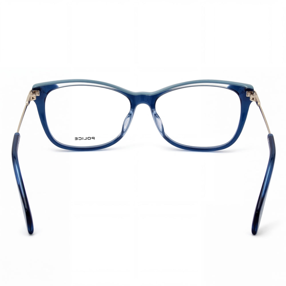 Police VPL506E Rectangle Eyeglasses Women — side view, Blue temples