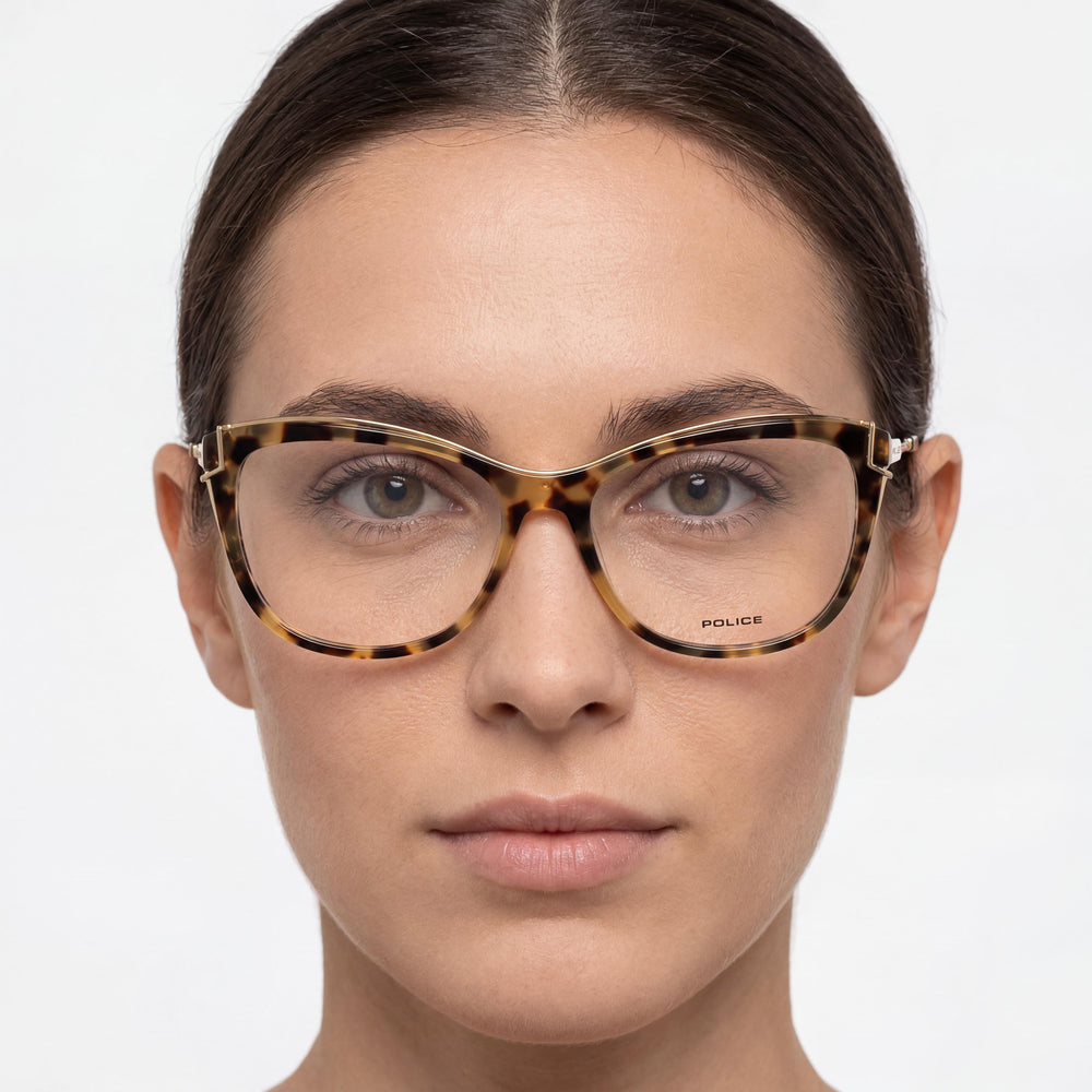 Police VPLA90 Rectangle Eyeglasses Women — side view, Havana Acetate + metal temples
