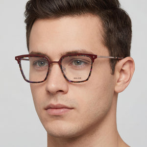Police VPLG25 Rectangle Eyeglasses Unisex — side view, Red Acetate temples