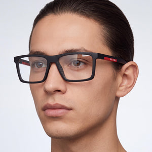 Prada 0PS 02QV Rectangle Eyeglasses Unisex — side view, Black temples