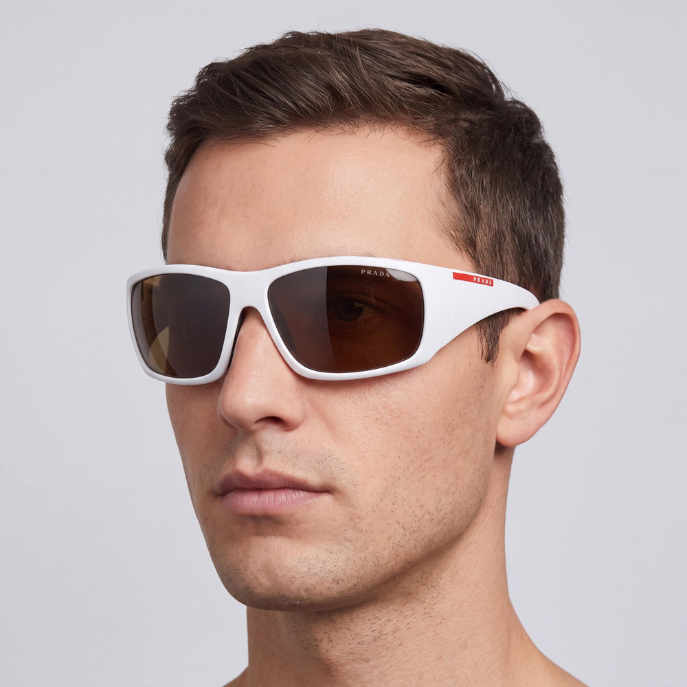 Prada PS 04VS Rectangle Sunglasses Men — side view, Non-Polarized Brown lens