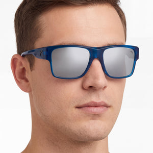 Puma Pu0403s-004 Rectangle Sunglasses Men — side view, Non-Polarized Blue-Blue-Silver lens