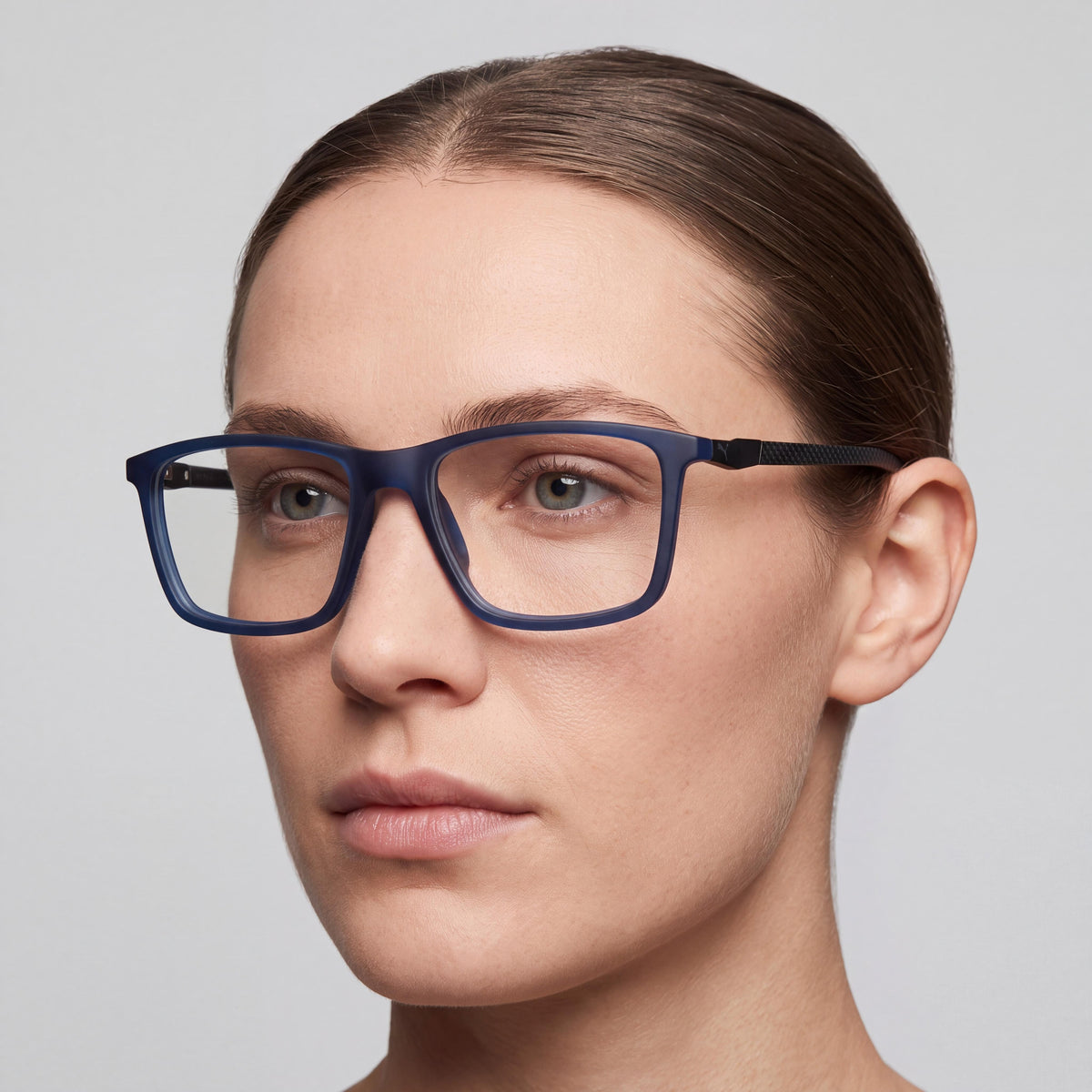 Gafas unisex clásicas PUMA PU0419O, azul, transparente, marco negro carbón, lentes de policarbonato, 55 mm, Photo 4