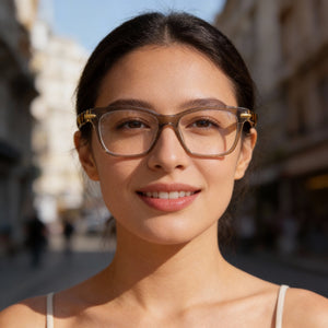 Rag & Bone RNB 3004 Square Eyeglasses Women — side view, Gray Acetate temples