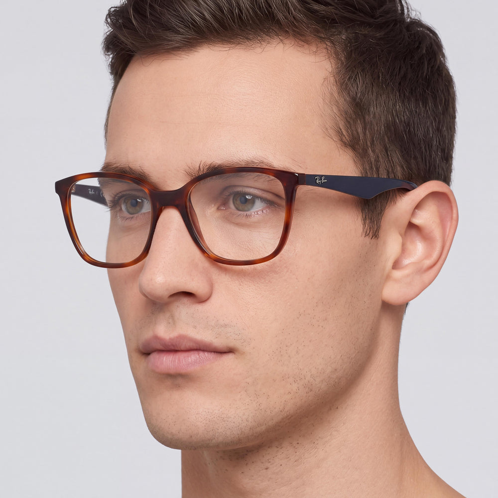 Ray-Ban 7066 Square Eyeglasses Men — side view, Havana Plastic temples