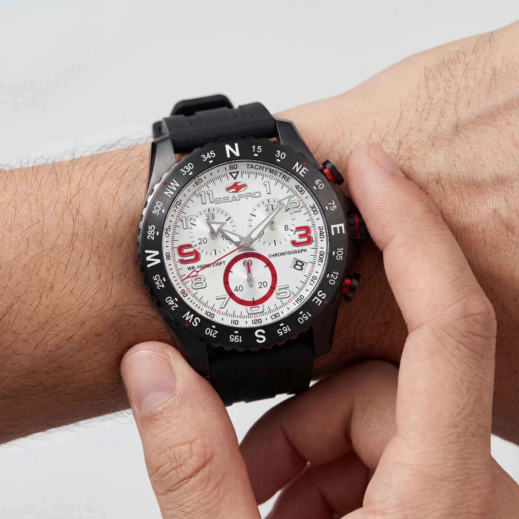 Reloj cronógrafo de hombre Seapro, esfera blanca, acero inoxidable 44 mm, Photo 3