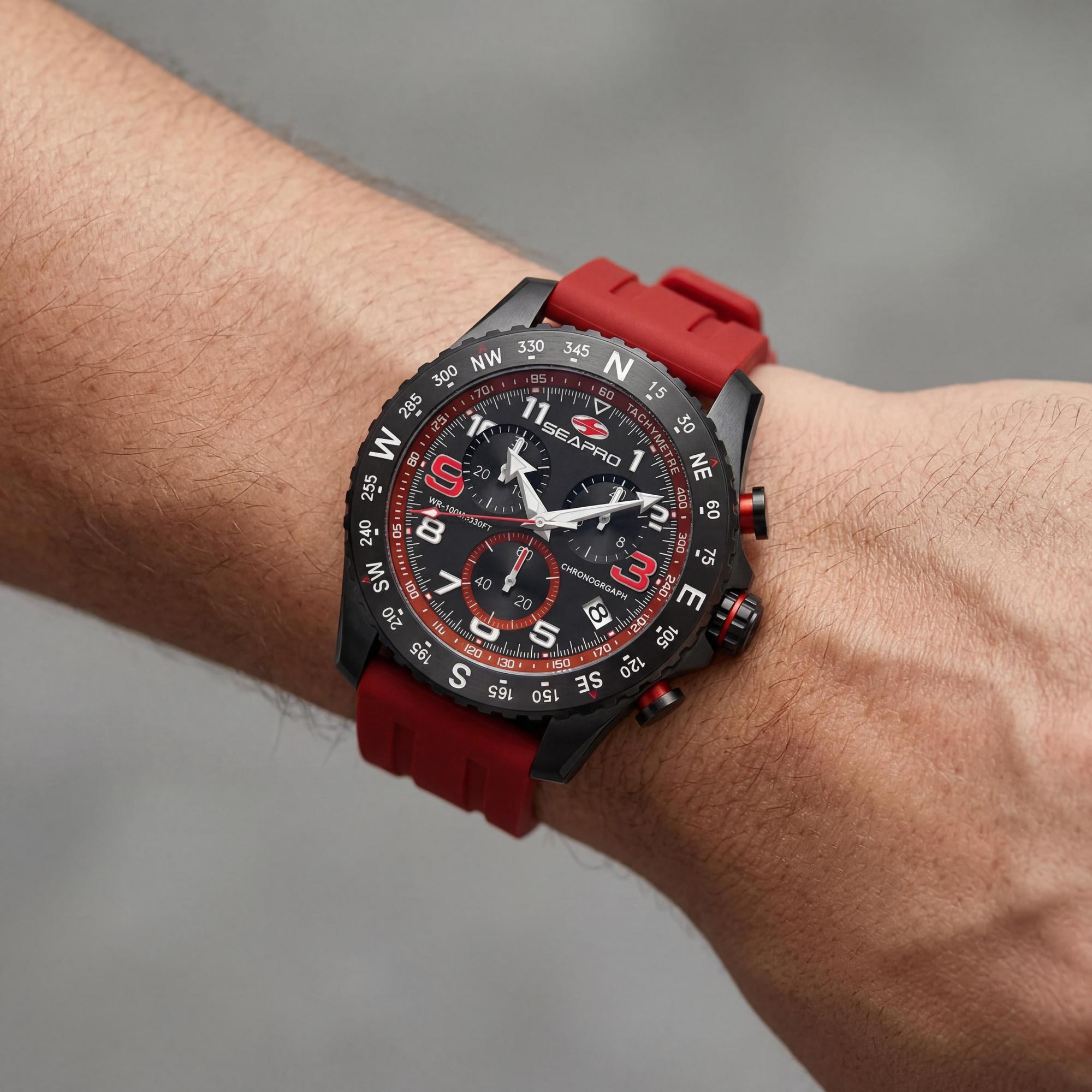 Seapro Men's Chronograph Watch, Red Dial Stainless Steel 44mm, Photo 3