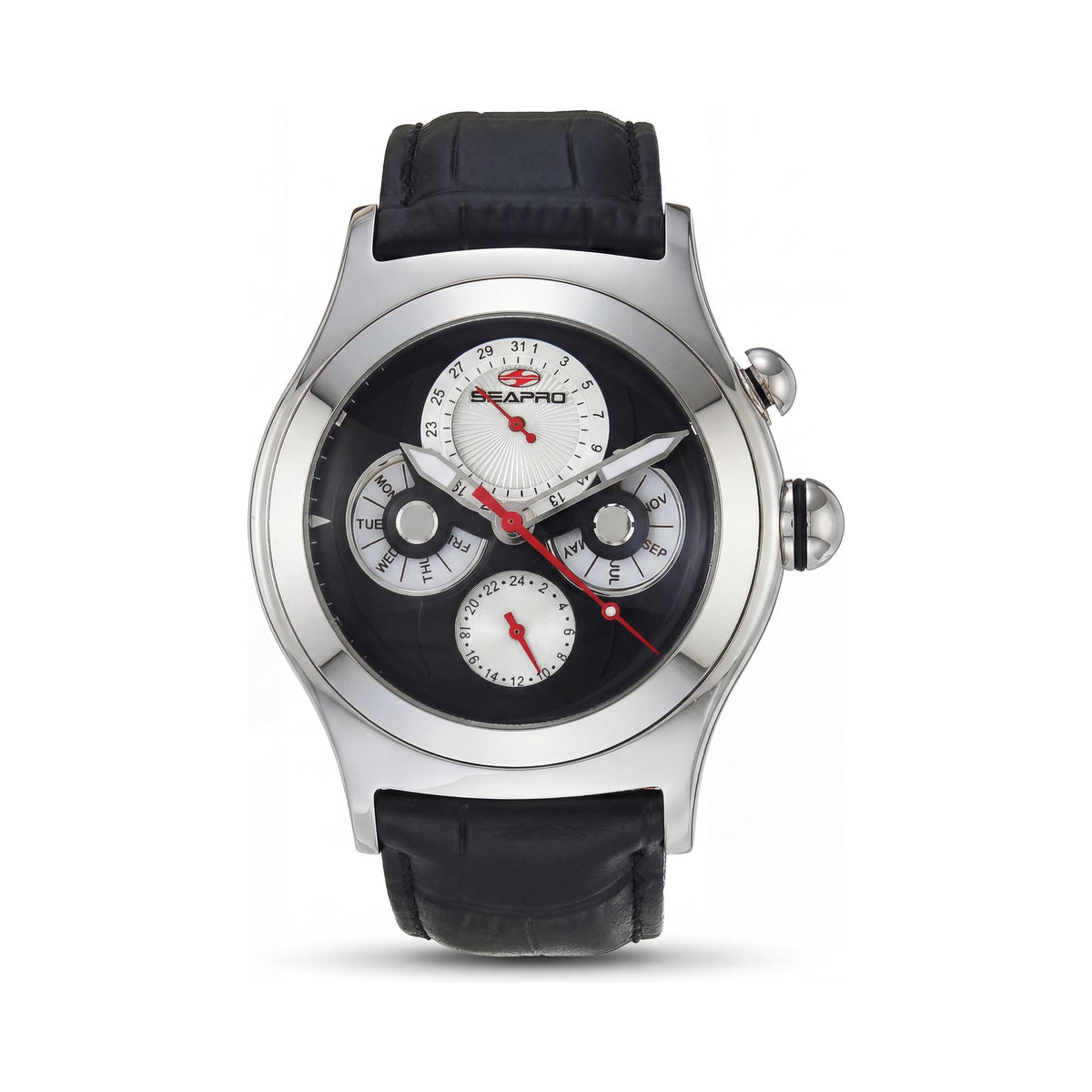 Seapro SP0131 correa Reloj de cuarzo multifunción negro para hombre con esfera negra, 50 m resistente al agua, cristal mineral resistente a los arañazos, Photo 1