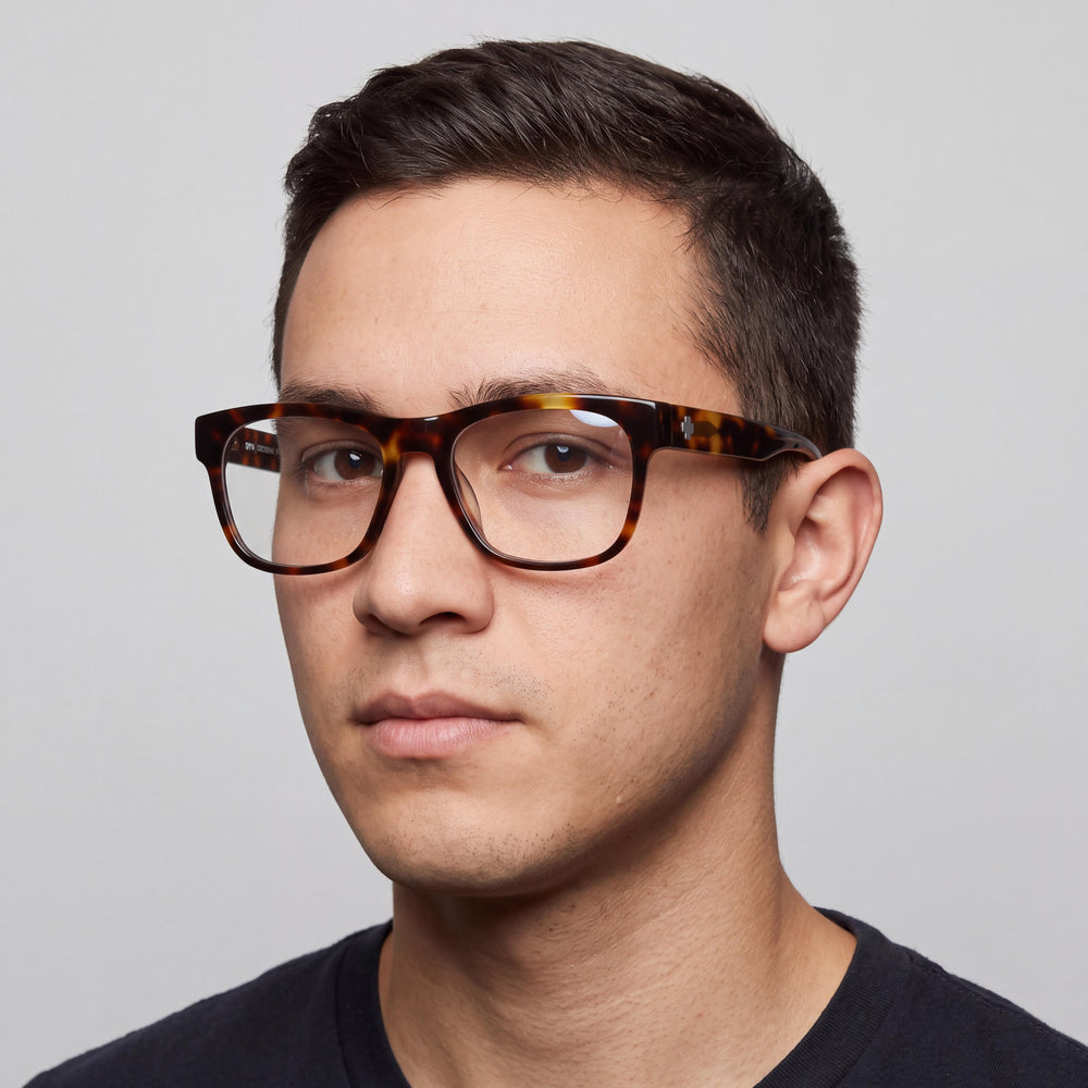 Spy Crossway Optical 56 Rectangle Eyeglasses Unisex — side view, Havana Acetate temples