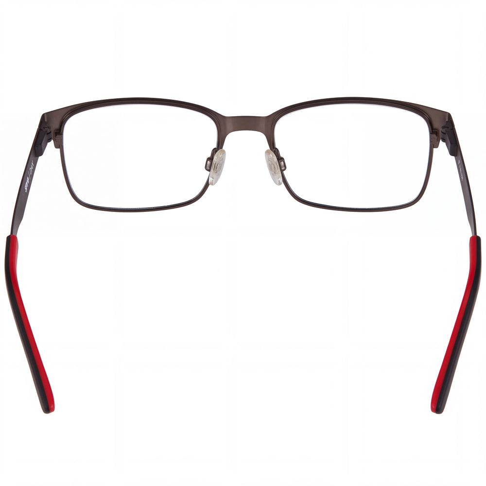 Spy Dax 57 Rectangle Eyeglasses Unisex — side view, Gunmetal Black Red Acetate temples