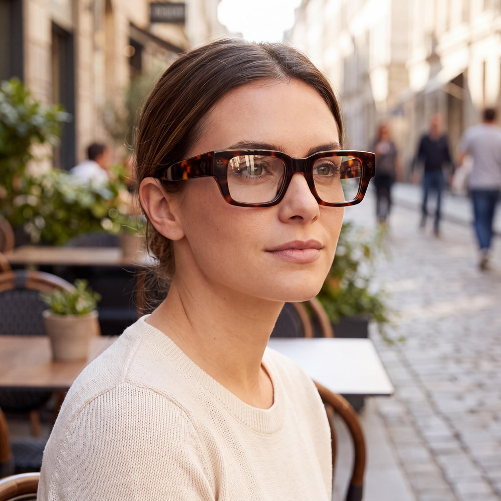 Spy Oslind 50 Square Eyeglasses Unisex — side view, Dark Tortoise Acetate temples