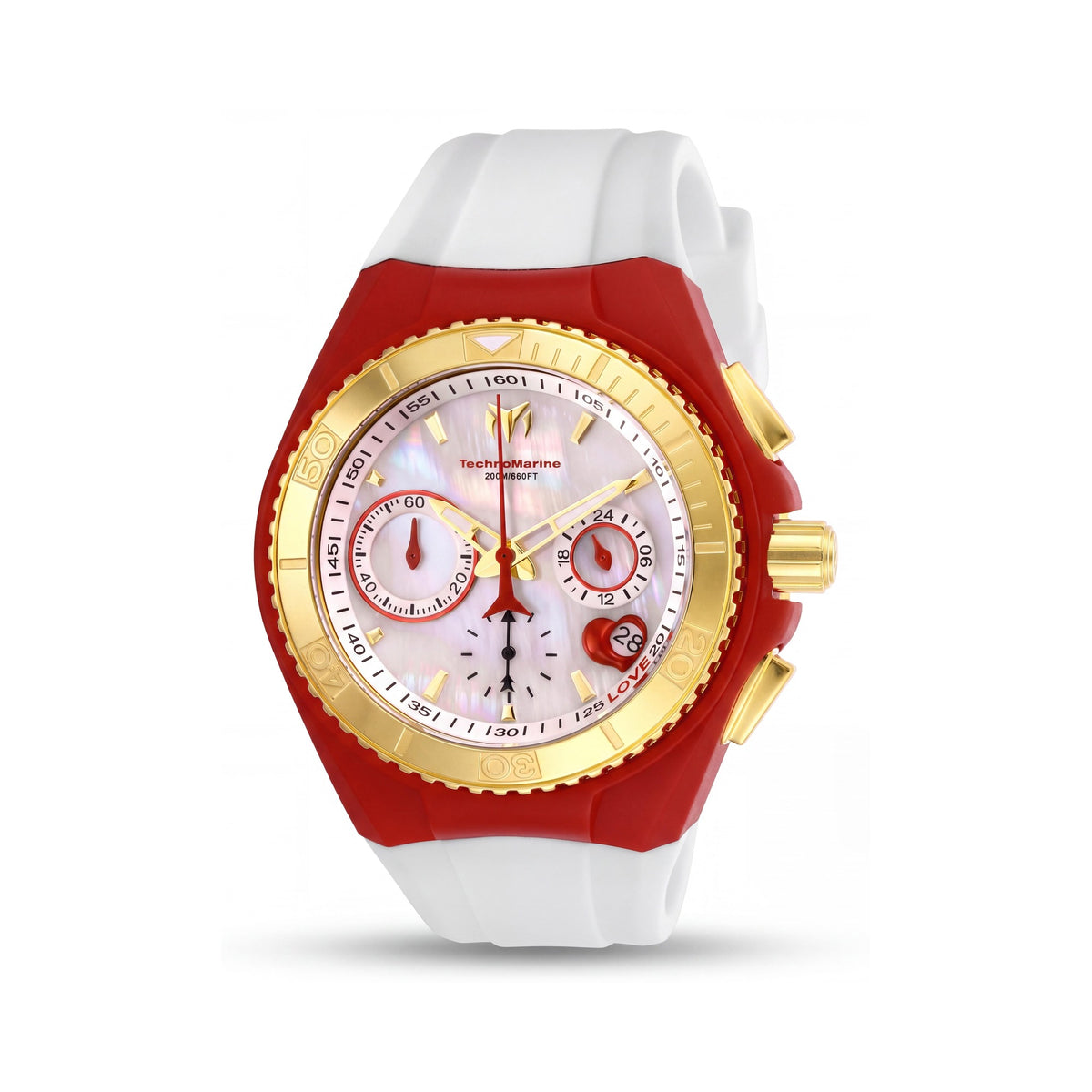 Technomarine Cruise TM-117003 San Valentín para mujer, caja de oro amarillo de 40 mm, esfera de nácar blanca, cronógrafo de cuero rojo, corazón abierto, Photo 1