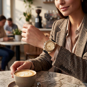 TechnoMarine TM-416055 Women's Watch — dial detail, Gold Analog display