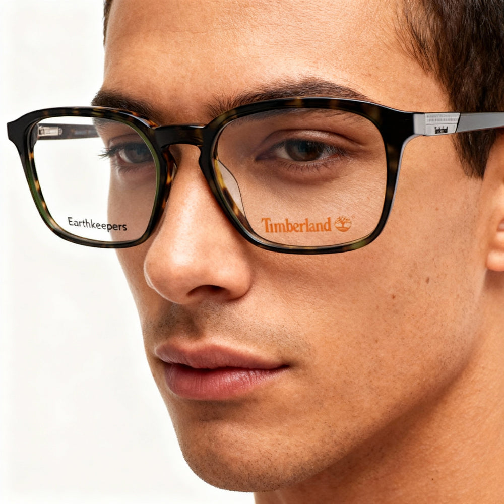 Timberland Rectangle Eyeglasses Men — side view, Havana Plastic temples