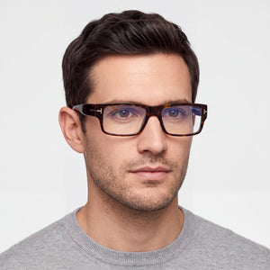 Tom Ford 5835-B Rectangle Eyeglasses Men — side view, Havana Pantographed Plastic temples
