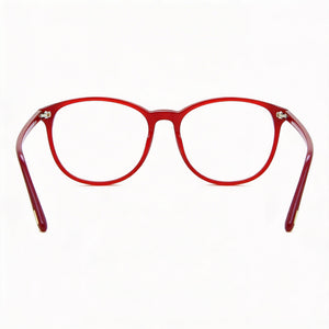 Tom Ford FT5810-B 074 Oval Eyeglasses Women — side view, Red Plastic temples