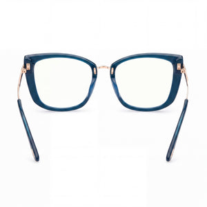 Tom Ford FT5816-B Cat Eye Eyeglasses Unisex — side view, Blue Injected Plastic temples