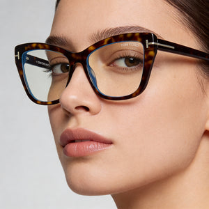 Tom Ford FT5826-B Cat Eye Eyeglasses Women — side view, Havana Plastic temples