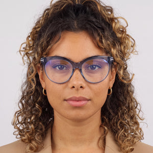 Tom Ford FT5827-B Cat Eye Eyeglasses for Women — interior view, Polycarbonate demo lenses