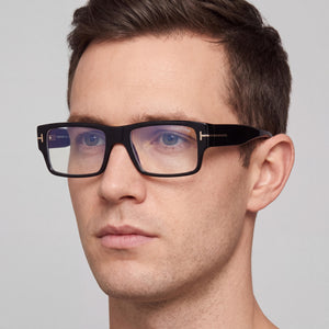 Tom Ford FT5835-B Rectangle Eyeglasses Unisex — side view, Black Pantographed Plastic temples