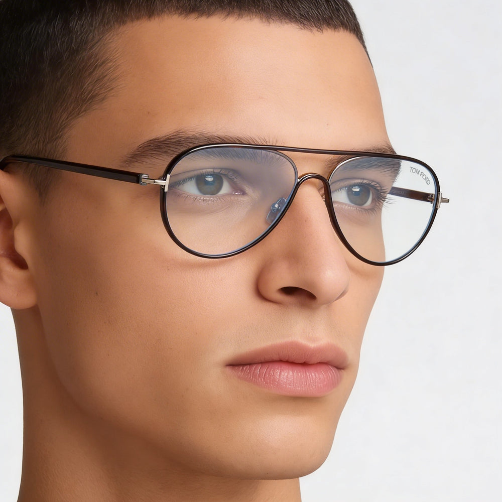 Tom Ford FT5897-B Aviator Eyeglasses Men — side view, Havana Metal temples