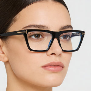 Tom Ford FT5912-B Rectangle Eyeglasses Women — side view, Black Plastic temples
