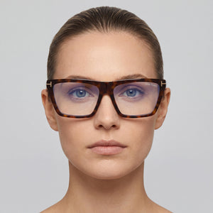 Tom Ford FT5912-B Rectangle Eyeglasses Women — side view, Havana Plastic temples