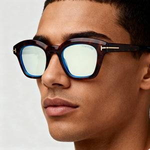 Tom Ford FT5961-B Square Eyeglasses Unisex — side view, Havana Acetate temples