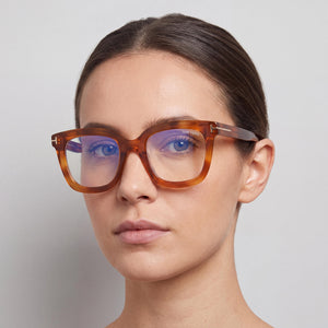 Tom Ford TF5880-B Square Eyeglasses Women — side view, Havana Pantographed Plastic temples