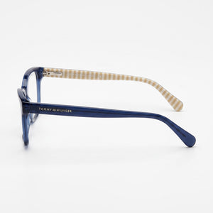 Tommy Hilfiger 106945 Rectangle Eyeglasses Women — side view, Blue Pattern White Plastic temples