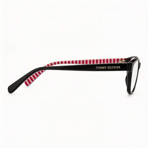 Tommy Hilfiger Rectangle Eyeglasses Men — side view, Black Acetate temples