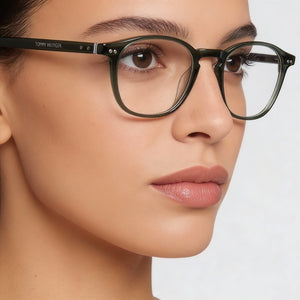 Tommy Hilfiger TH 1941 Square Eyeglasses Women — side view, Green Acetate temples