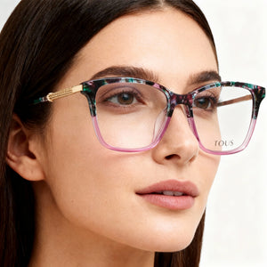 Tous VTOB30 Rectangle Eyeglasses Women — side view, Pink Acetate temples