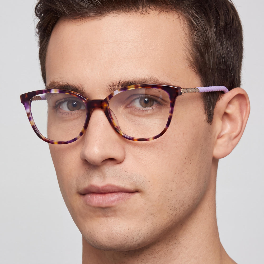 Tous VTOB99 Rectangle Eyeglasses Men — side view, Purple Havana Acetate temples
