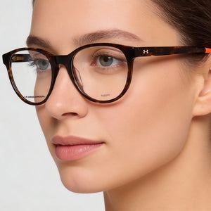 Under Armour UA 5020 Oval Eyeglasses Women — side view, Havana Acetate temples