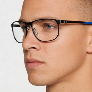 Under Armour UA 5029/G Rectangle Eyeglasses Men — side view, Black Alloy Steel temples