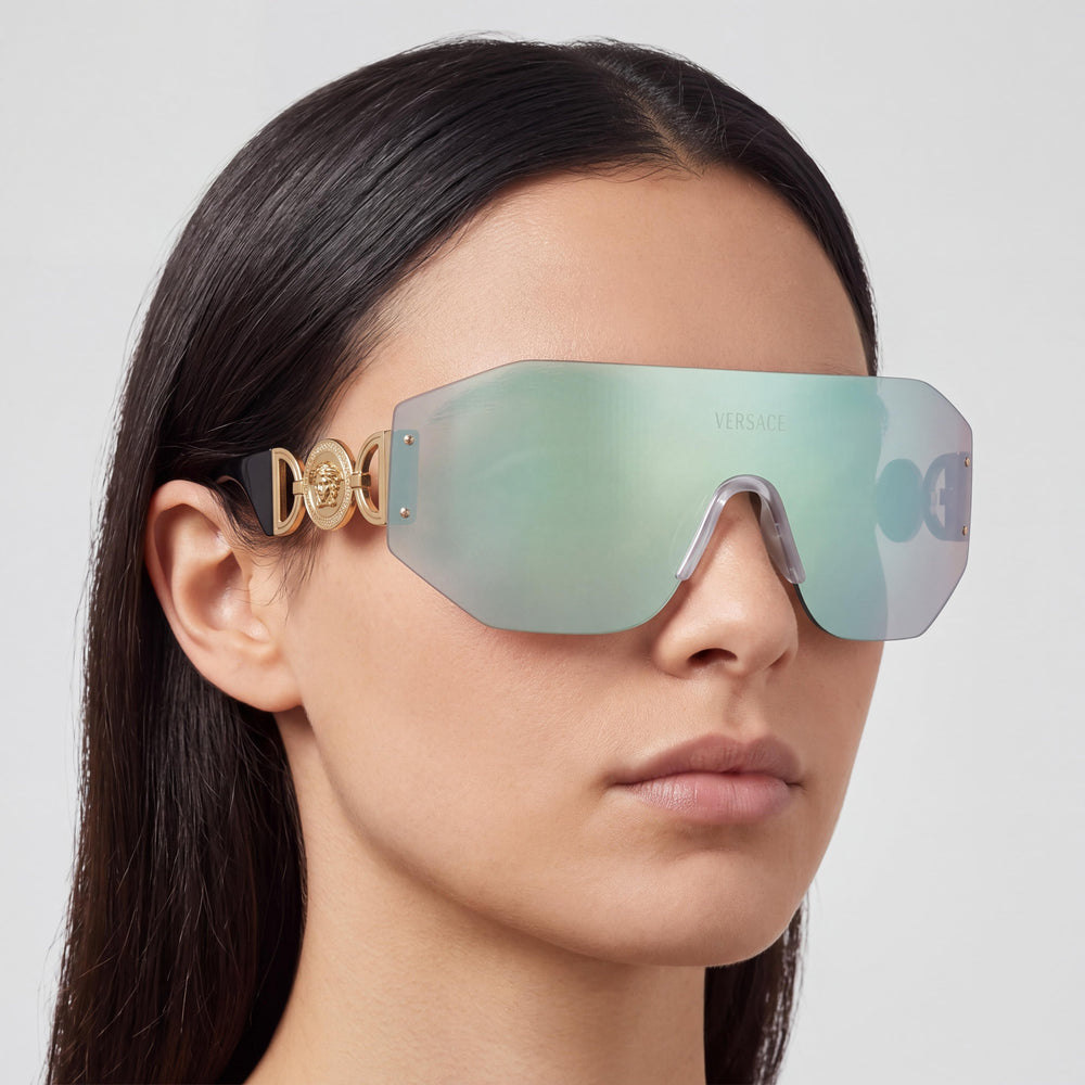 Versace 0ve2258 Shield Sunglasses Women — side view, Non-Polarized Pink Mirror Blue lens