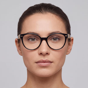 Versace 0VE3334 Cat Eye Eyeglasses Women — side view, Black Acetate temples