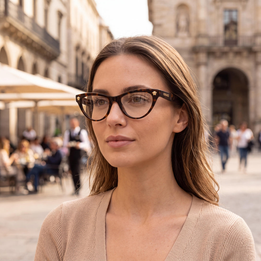 Versace 0VE3364U10852 Cat Eye Eyeglasses Women — side view, Dark Havana Injected temples