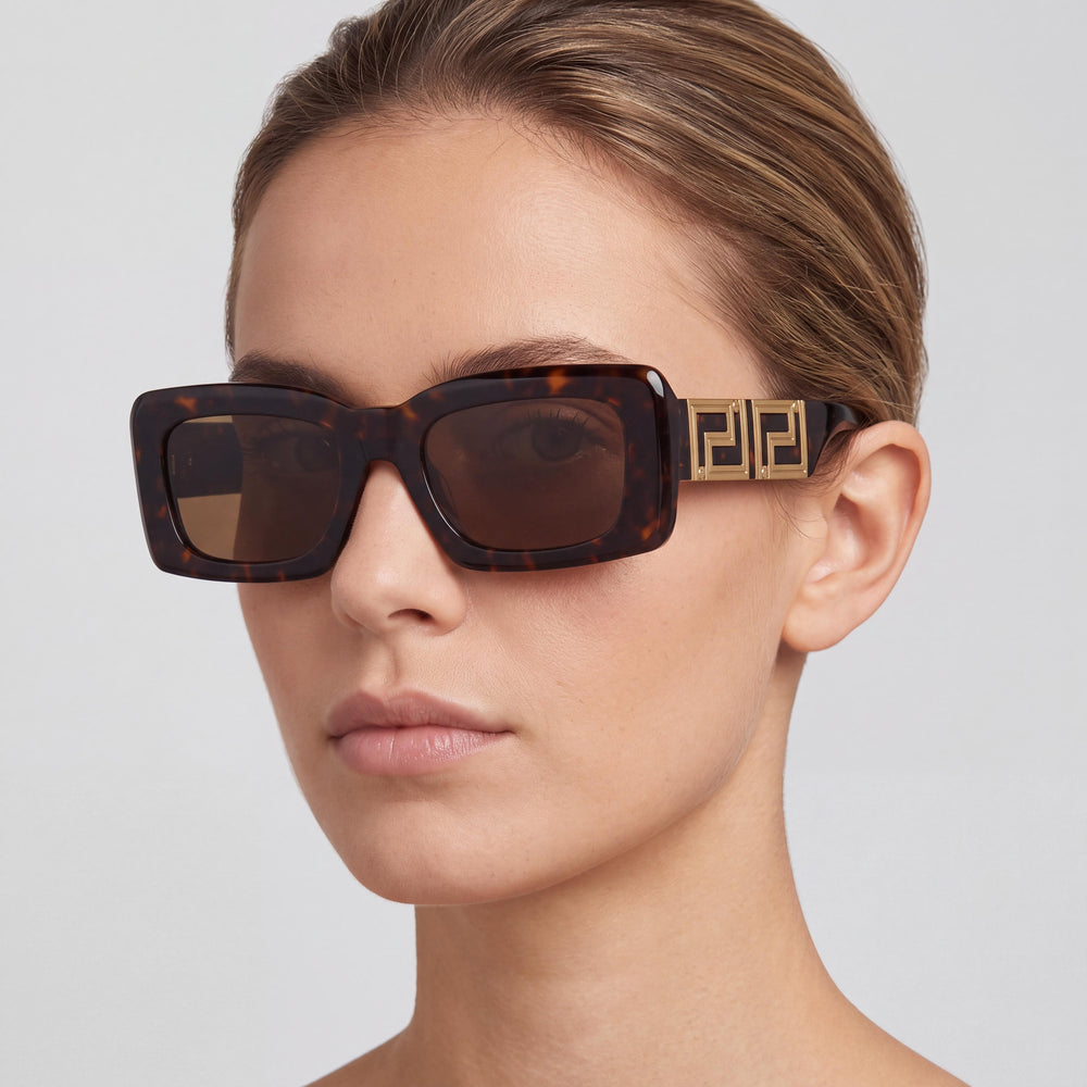 Versace 0VE4444U Rectangle Sunglasses Women — side view, Non-Polarized Brown lens