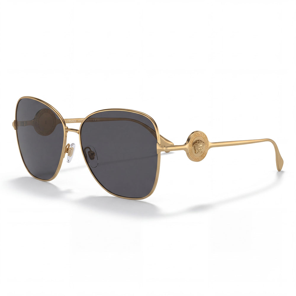 Versace 100287 Gold Rectangle Sunglasses for Women, Dark Grey lens