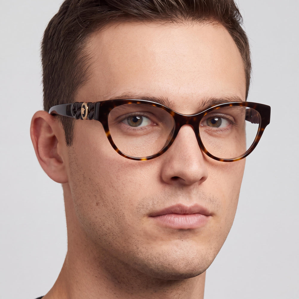 Versace VE 3305 Cat Eye Eyeglasses Men — side view, Havana Plastic temples
