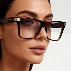 Victoria Beckham VB2677 Square Eyeglasses Women — side view, Brown Acetate temples