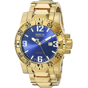 Invicta Men's 50 mm Gold Plated Bracelet 18K Gold Plated Case Swiss Quartz Blue Dial Analog Watch (Model: 6248)